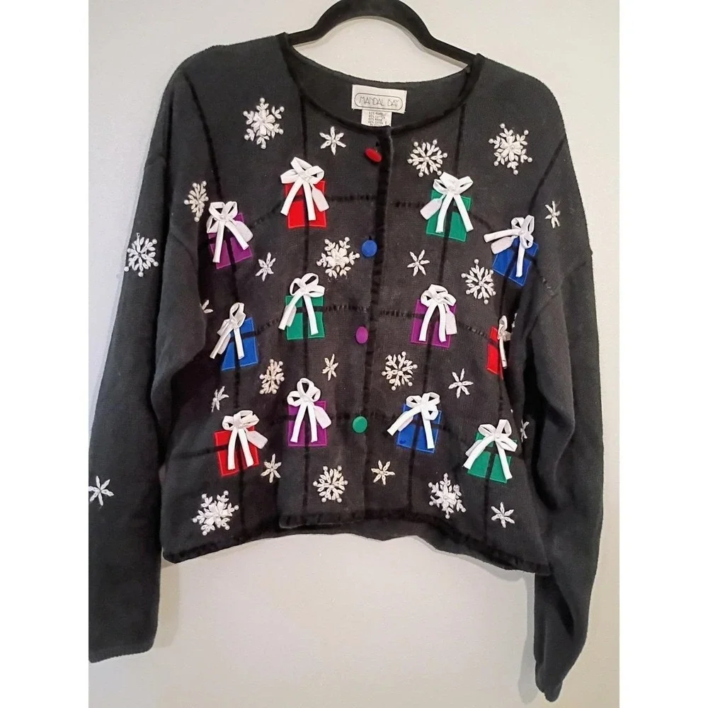 Mandal Bay Christmas Sweater Cardigan Women's Black Size Large Packages